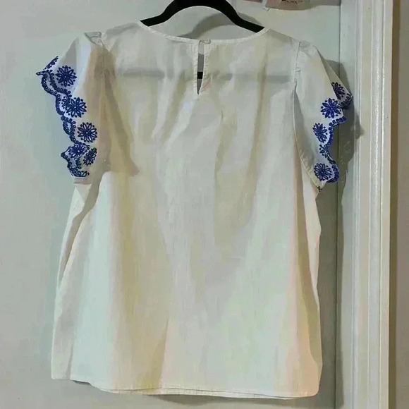 J.Crew White And Blue Embroidered Flutter Sleeve Top Size M - Picture 4 of 9